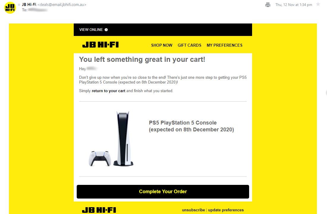 JB Hi-Fi Abandoned Cart for PS5 Out of Stock